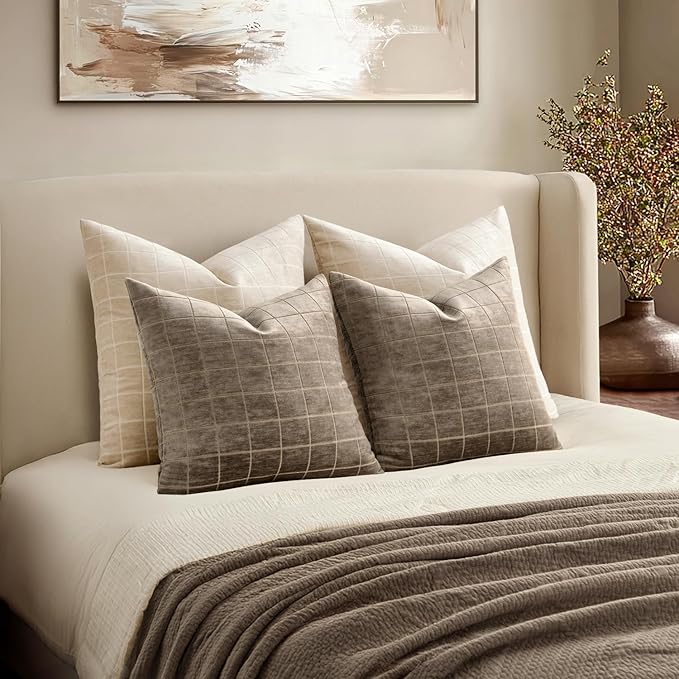 MIULEE Decorative Chenille Check Throw Pillow Covers Vintage Plaid Couch Pillows 18x18 Inch Set of 2 Neutral Boho Farmhouse Cushion Covers Modern Spring Home Decor for Sofa Bed Living Room Taupe Grey