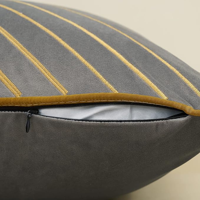 Avigers 18 x 18 Inch Grey Gold Striped Geometric Lines Embroidery Velvet Cushion Case Luxury Modern Throw Pillow Cover Decorative Pillow for Couch Living Room Bedroom Car 45 x 45cm
