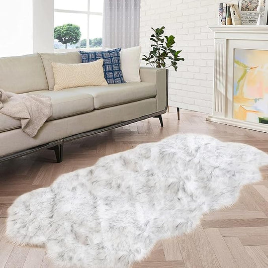 White and Grey 4X6 Faux Sheepskin Shag Fur Runner Rugs for Living Room Bedroom Fluffy Washable Furry Area Rug Nursery Teen Room Décor