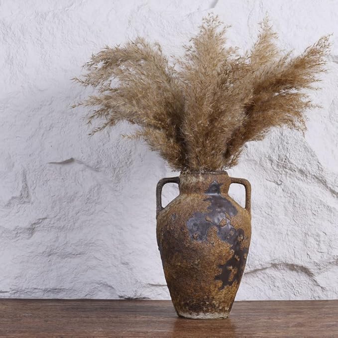 Wabi Sabi Decor Rustic Vase with 2 Handles, Farmhouse Vase for Home Decor, Vintage Terracotta Stone Vases Suitable for Home Decor, Living Room, Shelf Decor, Dining Table Decorative Vases