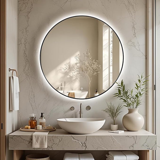 28" Round LED Bathroom Mirror, Wall Mounted Backlit Vanity Mirror with 45° Beveled Frame Lighted Mirror for Bedroom, Fog Free 3-Color Dimmable Lights Memory Function, Black