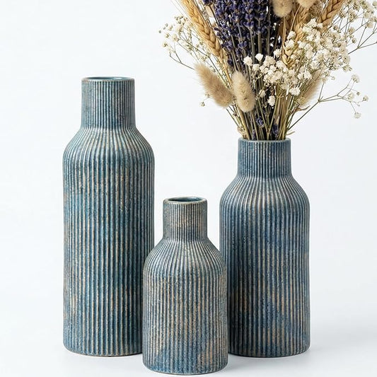 Ceramic Ribbed Vase Set of 3, Modern Farmhouse Decorative Vases in Vintage Blue, Assorted Sizes (5.9"/7.8"/9.8") for Pampas Grass, Living Room, Shelf and Table Centerpiece