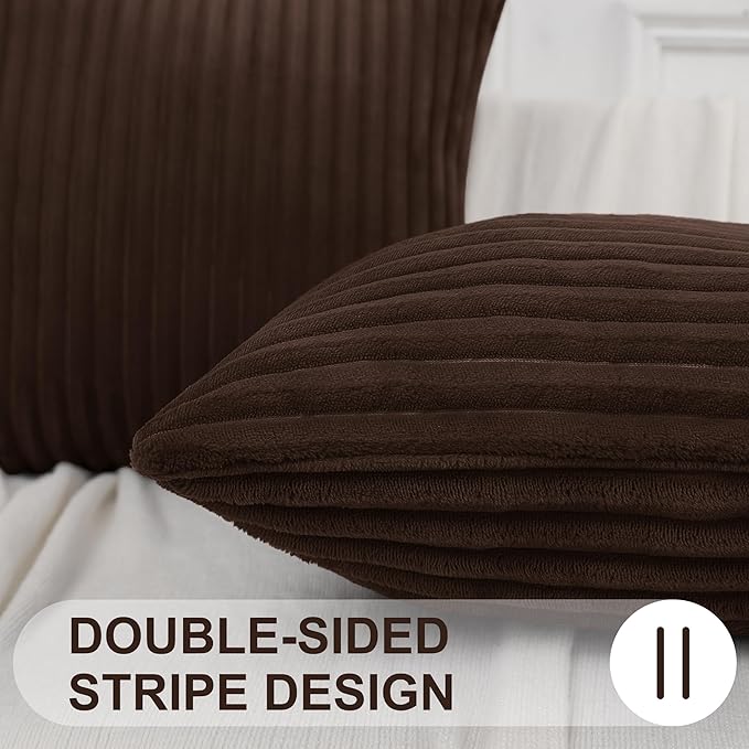 Simmore Decorative Spring Throw Pillow Covers 18x18 Set of 2, Soft Natural Plush Flannel Double-Sided Fluffy Couch Pillow Covers for Sofa Living Room, Brown