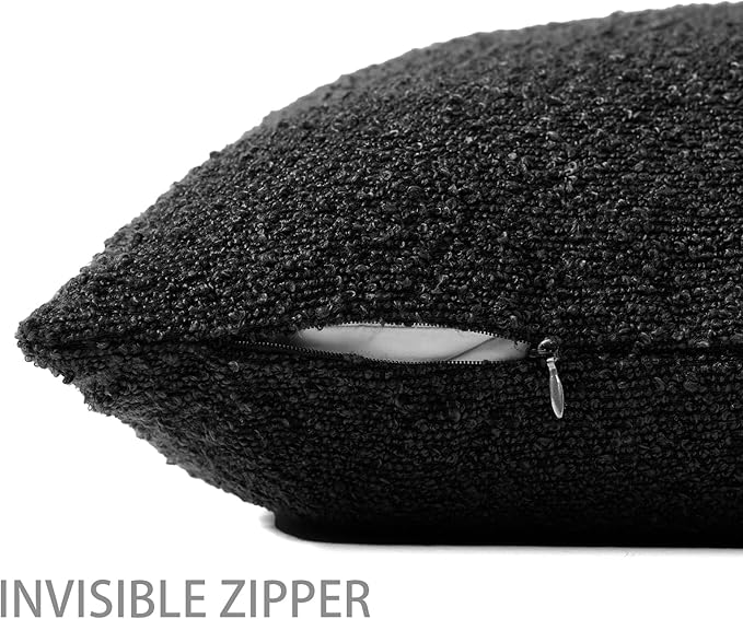Boucle Decorative Throw Pillow Covers for Couch Set of 2, 22x22 inches, Black