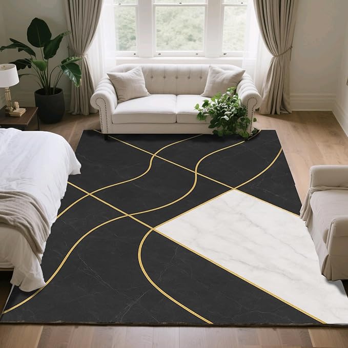 Geometric Marble Rug - 6x8 Area Rug, Abstract Lines Rugs, Luxury Marble Dining Room Rugs, Washable & Non Slip Large Carpet Home Decor