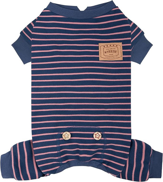 KYEESE Dog Pajamas, Striped Velvet Fleece Pet Jumpsuit, Soft Doggie Jammies, 4 Legs PJS Stretchable Dog Pajamas, Pet Costumes Comfortable Sleepwear for Small Dogs,Navy Blue Striped, X-Large