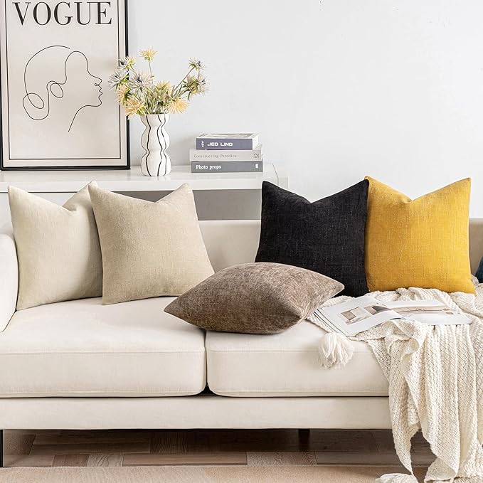MIULEE Pack of 2 Decorative Throw Pillow Covers Soft Chenille Throw Pillows Solid Textured Cushion Covers for Couch Sofa Bedroom Living Room 18x18 Inch, Beige