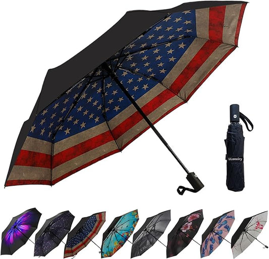 LLanxiry Compact Travel Umbrella, 44" Canopy, Automatic Open/Close Windproof Umbrella, 210T Pongee, 8-Rib Fiberglass, Travel Size Mini, Portable Rain/Sun Umbrellas UPF 50+ with Cover