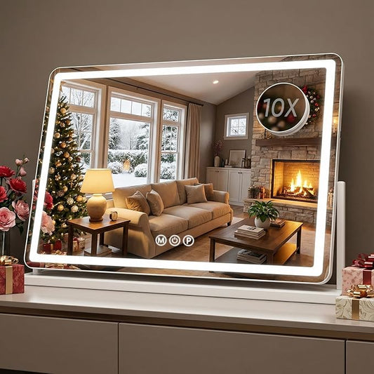 Antok Vanity Mirror with Lights, 33"X23" Lighted Makeup Mirror, Smart Touch, 3 Color Modes and Brightness Adjustable, LED Vanity Mirror with Detachable 10X Magnification, 360° Rotation for Makeup Desk