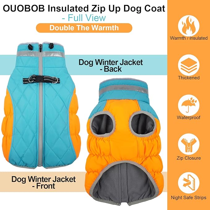 OUOBOB Warm Dog Coats for Small Dogs, Puppy Jacket, Waterproof Dog Jacket with Harness Built in, Zipper Clousure, Fleece Lining for Cold Weather, Small Puppy Clothes for Chihuahua, Maltese - XS