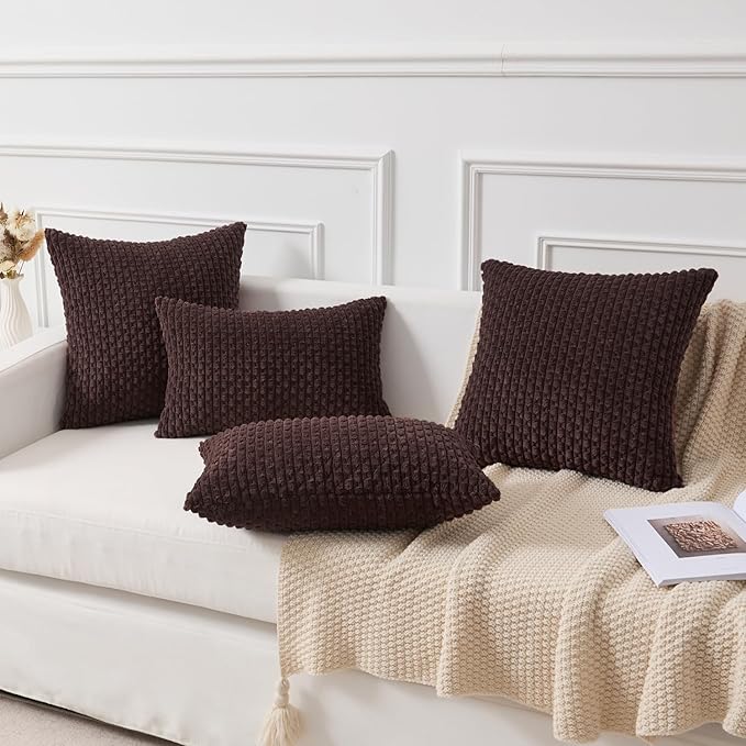 Kevin Textile Decorative Pillow Covers Set of 2 Striped Plush Corduroy Pillows Pillowcases Boho Home Decor Cushion Covers for Couch Sofa Bed Living Room 16x16 Inch, Coffee