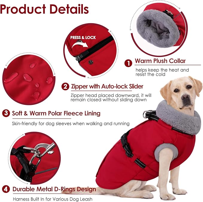 AOFITEE Dog Coat, Warm Dog Winter Coat with Harness Built in, Waterproof Pet Snow Jacket with Zipper on Back, Fleece Pet Sweater Outdoor Puffer Jacket Snowsuit for Extra Large Dogs, Christmas Red XXL