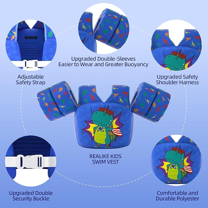 REALIKE Kids Swim Vest for Toddler Floaties Swimming Aids with Shoulder Harness Arm Wings for Children/Infant/Baby,Sea Beach/Pool/Lake, Suitable for 28-70lbs Boys/Girls