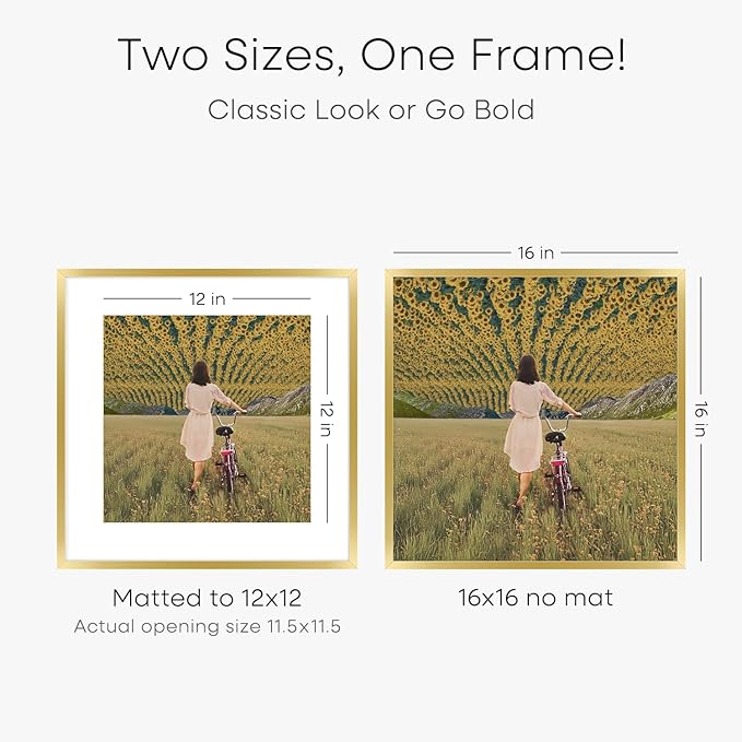 Homeforia 16x16 Picture Frame Gold, High End Metal 16 x 16 Square Poster Frame with Mat 12 x 12 Photo, 16x16 Frame Matted to 12x12 Print, 16by16 Gold Hanging Frames, Tempered Glass, Wall Kit, Set of 2