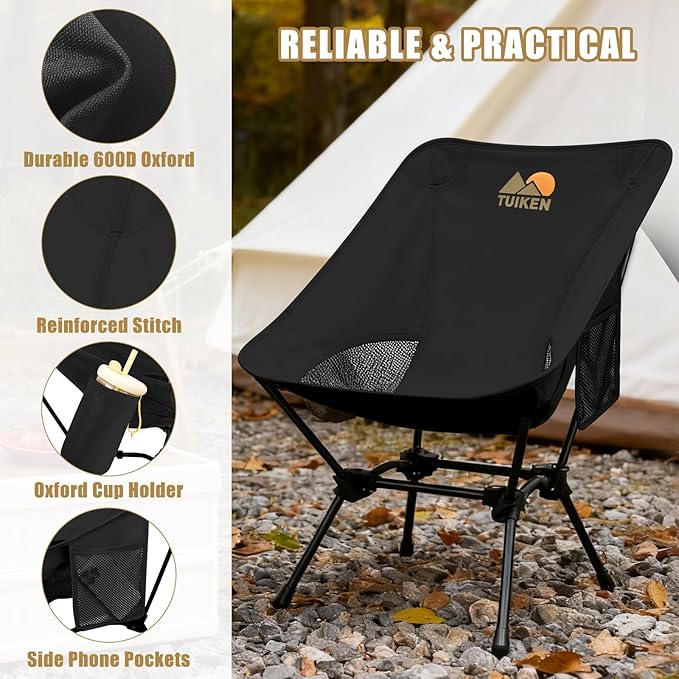 TUIKEN Ultralight Camping Chair Backpacking Chair, Portable Camp Chair with Cup Holder & Storage Bag, Lightweight Compact Folding Chair for Hiking, Travel, Picnic Mountaineering (Black)