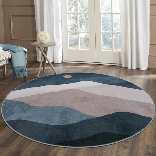 6ft Abstract Round Rugs for Bedroom,Soft Washable Non-Slip Large Circle Rug,Chic Faux Wool Mountain Low-Pile Carpets for Kidsroom/Nursery/Living Room/Classroom(Blue)
