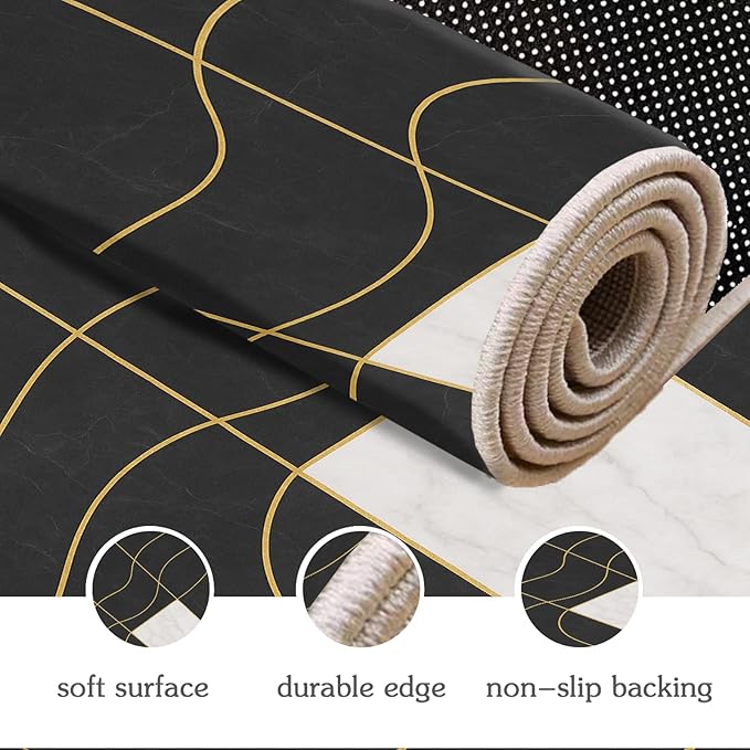 Geometric Marble Rug - 3x6 Runner Rug, Abstract LinesLuxury Marble Bedside Rugs, Washable & Non Slip Carpet Home Decor