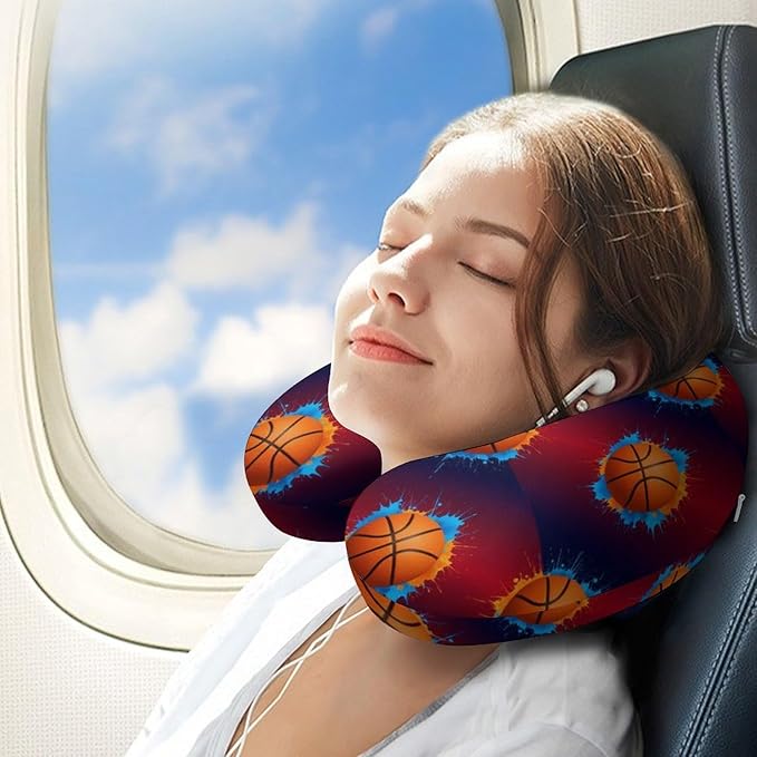 Travel Neck Pillow Memory Foam Chin Cushion Basketball, Washable Cover for Men Women Youth Airplane Car Pain Relief