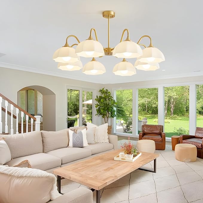 8 Lights Gold Sputnik Chandelier Light Fixture Large Mid Century Large Milk Glass Sputnik Pendant Lights Kitchen Island Modern Farmhouse Semi Flush Mount Chandelier Hanging Lamp MPL13-8 GD