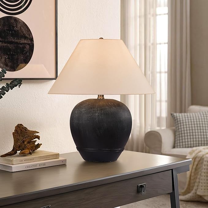 Pia Ricco 21'' Medium Size Black Glossy Ceramic Base Ceramic Basin Table Lamp for Bedroom, Living Room, Dining Room, Office, White Shade,White Smudged Black Base