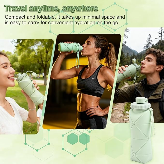 JINGYAN Collapsible Water Bottle 20oz, BPA-Free Silicone Foldable Design with Leak-Proof Lid & Lanyard - Portable Travel Water Bottle for Hiking, Gym, Camping (Pink)