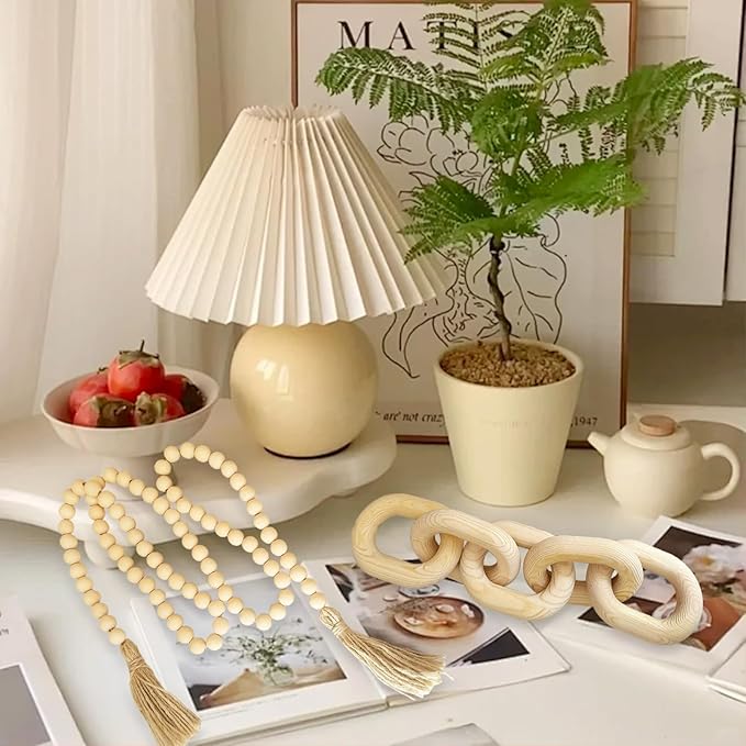 2 Pieces Decorative 5 Link Wooden Chain Decor and Bead Boho Farmhouse Rustic Home Table Decor Coffee Table Shelf Aesthetic Modern Bookshelf Table Wooden Decortion (Natural)