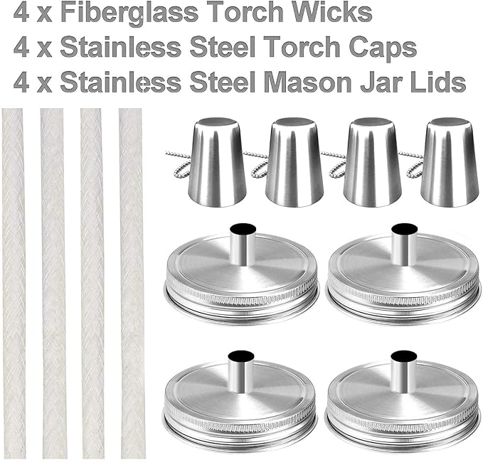 Yitee Mason Jar Tabletop Torch Kits,4 Pack Longlife Fiberglass Wicks,Stainless Steel Mason Jar Lids Caps Included,Outdoor Deck Oil Lamp Torch,Patio Xmas Decor