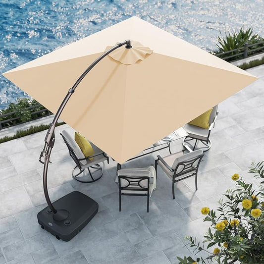 Grand patio Sunbrella 10x10 FT Cantilever Umbrella with Base Included Patio Square Aluminum Offset Umbrellas for Outdoor Pool (Flax, 10X10 FT-SUNBRELLA)