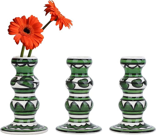 Vixdonos Painted Ceramic Vase Colorful Bud Vase Set of 3 Small Flower Vase Rustic Mini Vases in Bulk for Home Decor, Wedding and Dinner Party(Green)