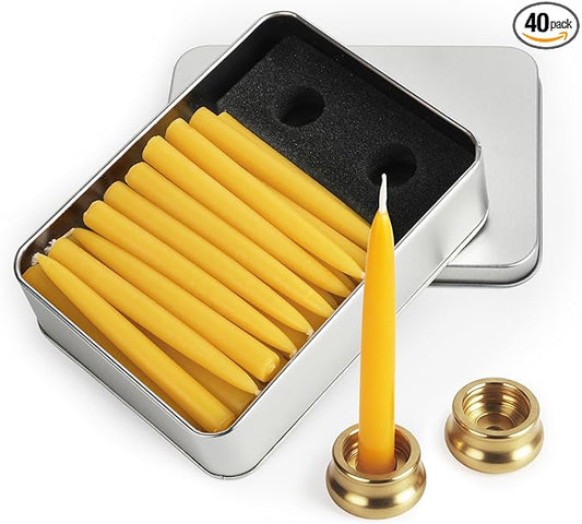 40 PCS 30 Minute Beeswax Taper Candles Natural Smokeless Mini Pure Beeswax Candles with Brass Candle Holders for Home Meditation Prayer