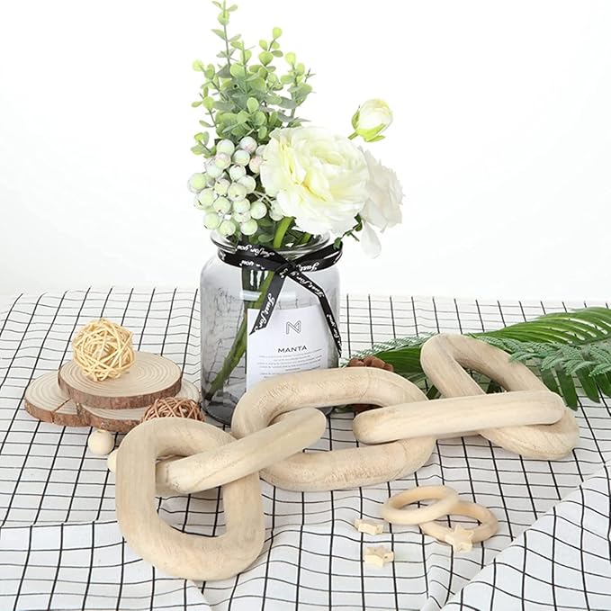 Wood Chain Link Decor and Beaded Garland Set - Hand Carved Decorative Wood Chain, Home Decor, Farmhouse