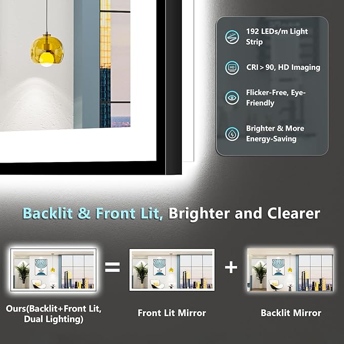 84x40 Black Framed LED Bathroom Mirror with Lights, Backlit and Front Lit, Anti-Fog Lighted Vanity Mirrors for Bathroom Wall, Dimmable, 3-Color Light, Memory, Shatter-Proof, HD Tempered Glass