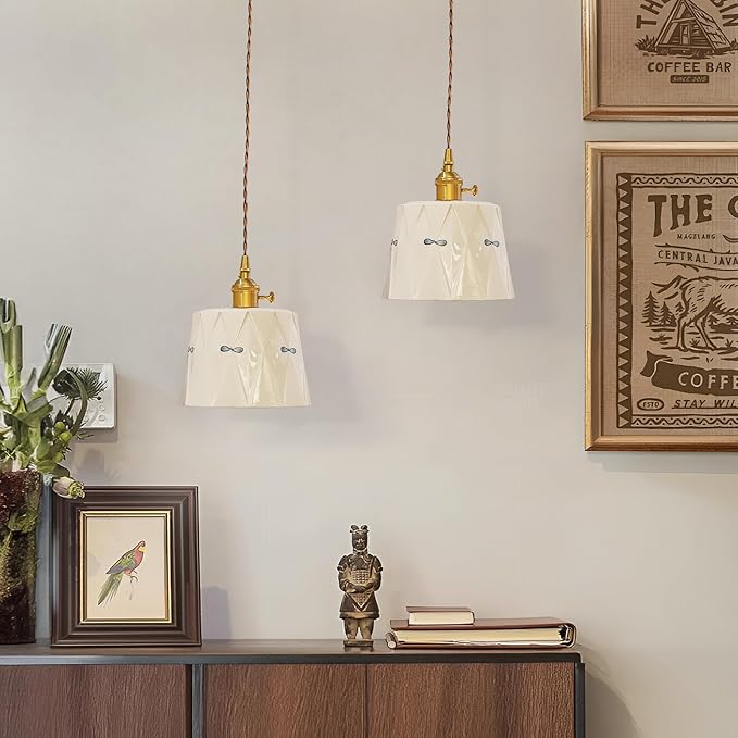 Vintage Ceramic Pendant Light, Mid Century Modern Hanging Lamp, White Ceramic Shade Brass Finish Ceiling Pendant Light for Bedside Dining Room Kitchen Island
