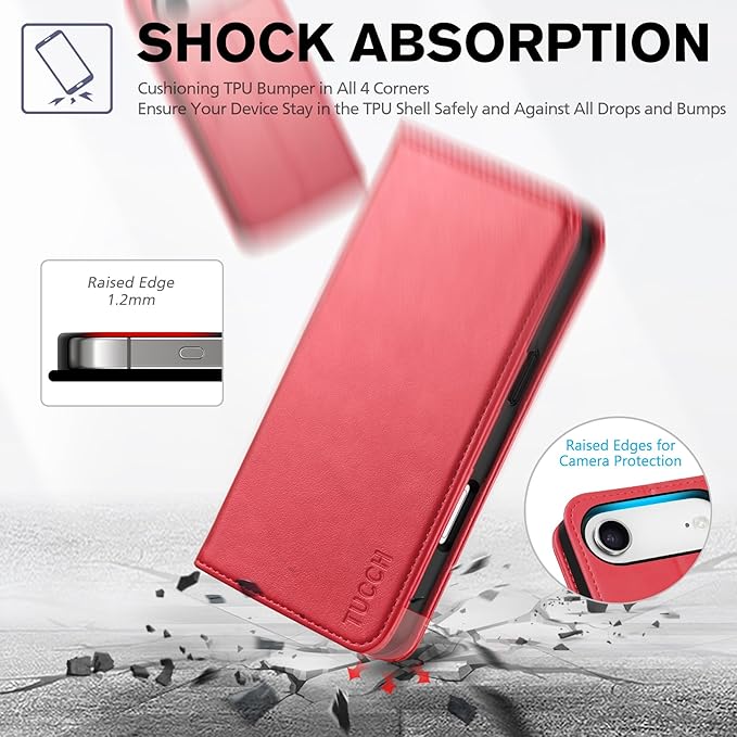 TUCCH Case Wallet for iPhone Air (6.5") 2025, RFID Blocking, 3 Card Holders, Kickstand, PU Leather, Protective Flip Folio Cover, TPU Shockproof Interior Shell, Bright Red