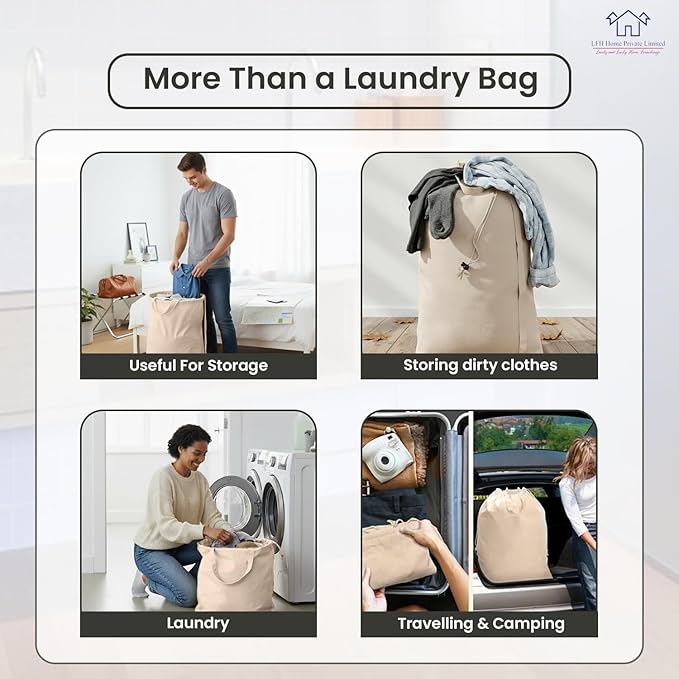 LFH Home Large Premium 100% Cotton Canvas Laundry Bag with Drawstring and Handles Heavy Duty, Multi-Use, and Washable for Home, Travel, College or Storage 24x36 (Pack of 4)-Natural