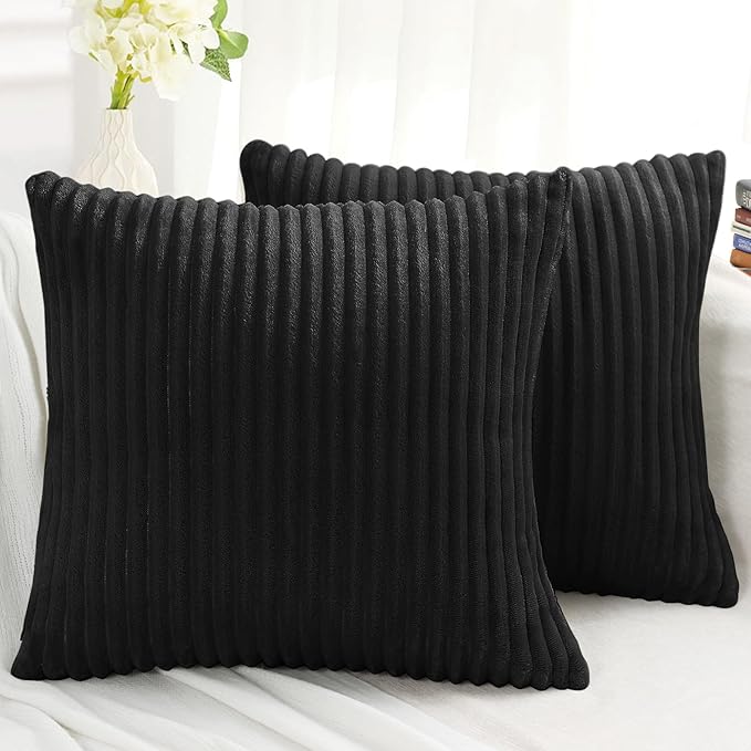 Simmore Decorative Spring Throw Pillow Covers 20x20 Set of 2, Soft Natural Plush Flannel Double-Sided Fluffy Couch Pillow Covers for Sofa Living Room, Black