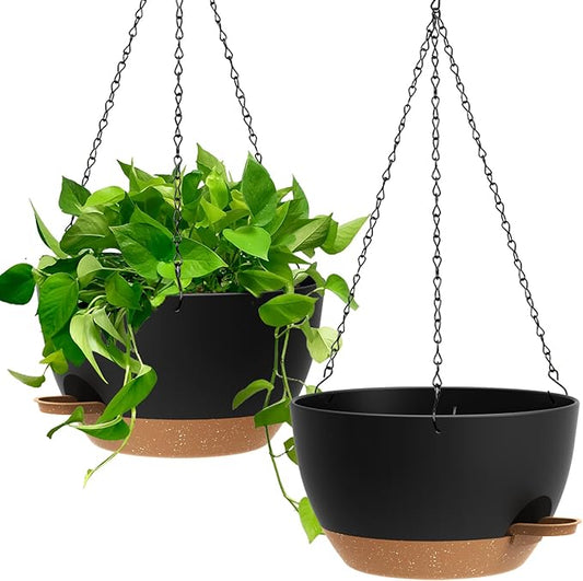 13 Inch 2 Pack Large Self Watering Hanging Planters for Indoor Outdoor Plants, Hanging Plant Pots with Removable 50 Oz Reservoir, Plastic Hanging Basket for Window Porch Garden, Black with Brown
