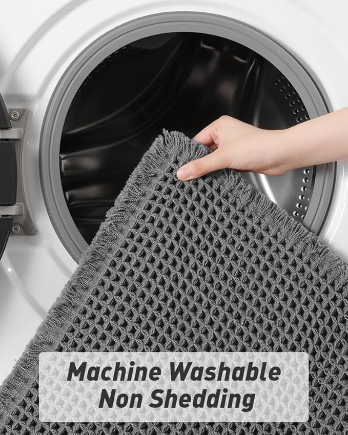 Upgraded Waffle Runner Rug Super Absorbent Non Slip Bath Mats for Bathroom Machine Washable Bathroom Runner Rug with Tassels, Ideal for Hallway Bedroom Laundry Room, Dark Grey, 2' x 5'(24" x 60")