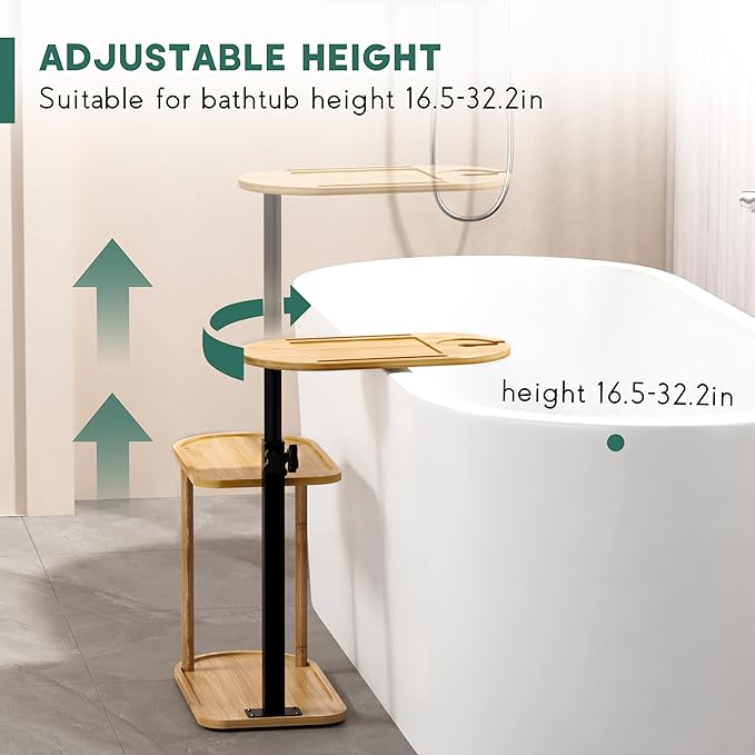 3 Layer Bath Tub Tray Table, Freestanding Bamboo Bath Tray Caddy for Tub Against Wall, Bath Table Tray Tub Shelf Bathroom Organizer Shelf for Luxury Spa and House Warming New Home