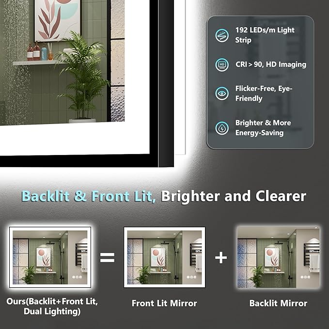 40x24 Black Framed LED Bathroom Mirror with Lights, Backlit & Front Lit, Anti-Fog Lighted Vanity Mirrors for Bathroom Wall, Dimmable, 3 Colors, Memory, Shatter-Proof, Tempered Glass, CRI＞90