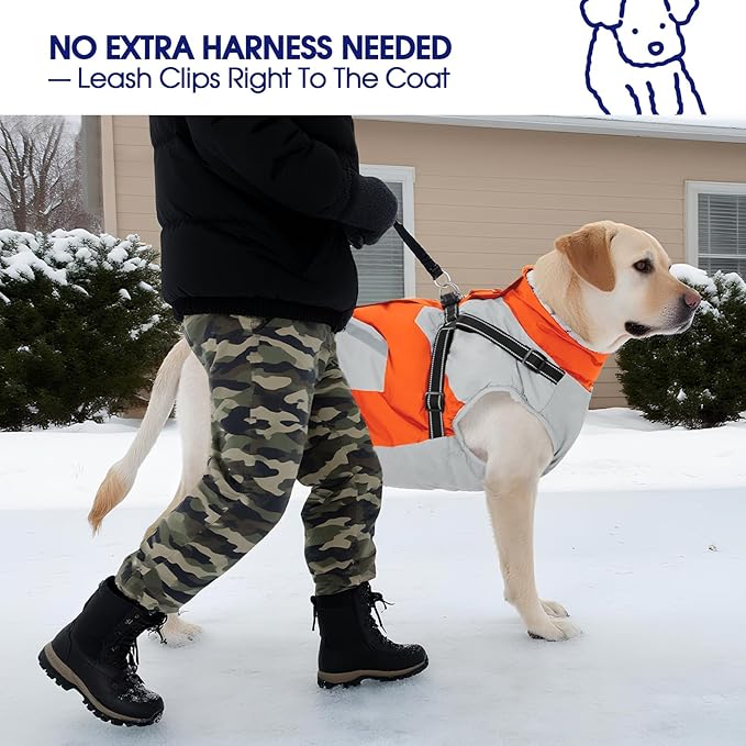 FUAMEY Dog Winter Jackets for Small Dogs,Dog Coat with Harness Built in,Waterproof Dogs Snowsuits Warm Pet Jacket Zip Up Fleece Cold Weather Coats Reflective Safety Pets Hunting Vest Orange XS