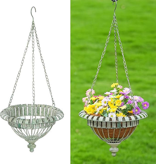 Metal Hanging Planter for Outdoor,Hand-Crafted Rusty Hanging Basket Plant Holder for Outdoor Indoor Garden, Patio, Deck, Porch, Flower Pots