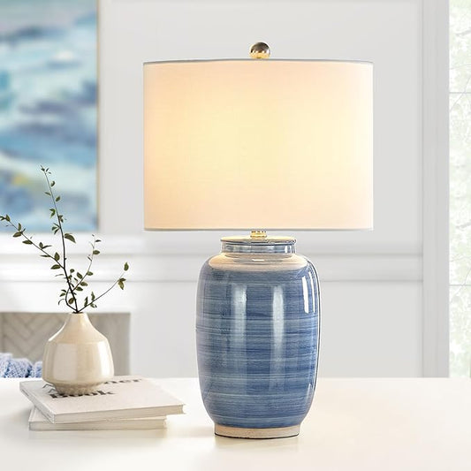 Maxax 25" Blue Table Lamp for Living Room, Modern Ceramic Lamp with White Shade, Coastal Blue Bedside Nightstand Lamp for Bedroom Home Office