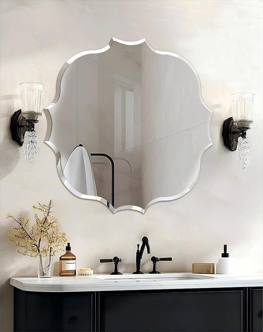 Frameless Scalloped Wall Mirror: Decorative Scallop Round Mirrored Glass Vanity with Beveled Silver Edge for Bathroom Bedroom Livingroom Dining Room Entryway Hallway, 24 x 24 inch