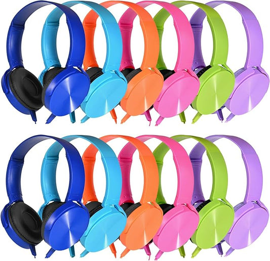 Bulk Headphones 12 Pack for School Classroom Kids K-12, Wholesale Wired Durable Computer Earphones Class Set for Students Children Toddler Teens Boys Girls and Adult (HY450, 12 Mixed)