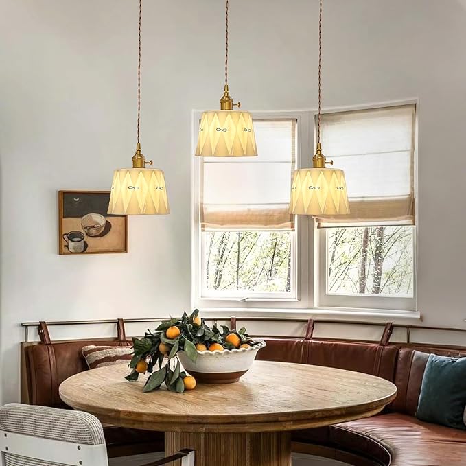 Vintage Ceramic Pendant Light, Mid Century Modern Hanging Lamp, White Ceramic Shade Brass Finish Ceiling Pendant Light for Bedside Dining Room Kitchen Island