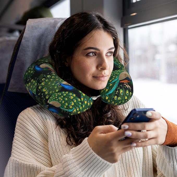 Travel Neck Pillows for Sleeping Rest Car Airplanes Peacock Art, Memory Foam with Removable Breathable Zipper Cover Washable for Men Women