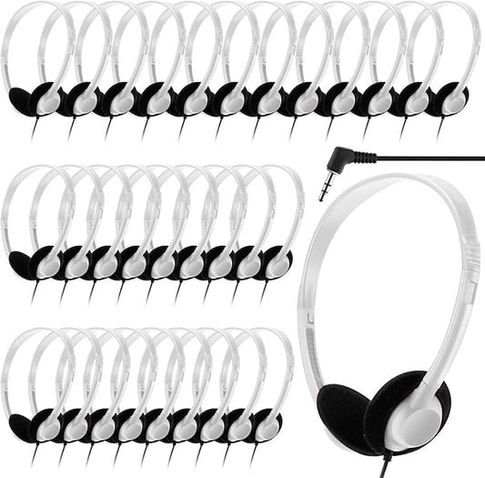 Yunsailing 30 Pack Bulk Headphones Set Over Ear Headphones with Adjustable Headband 3.5mm Plug Headsets Earphones for Learning Program, Computer Lab, Library, Testing & Multimedia Use (White)