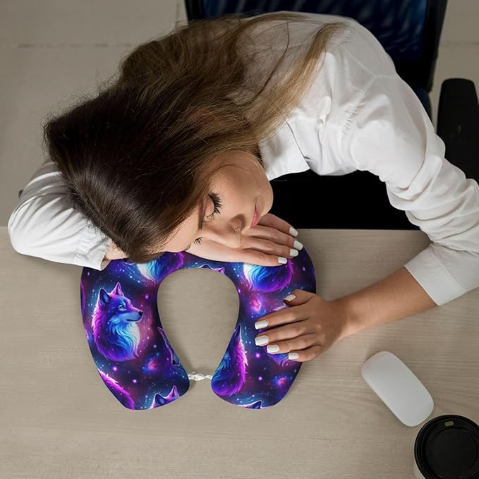 Comfortable Memory Foam Travel Neck Pillow, Funny Chin/Head Cushion Supporting Airplane Car Pillows Purple Universe Galaxy Magic Wolf in The Space Art for Sleeping Outdoors Travel Office