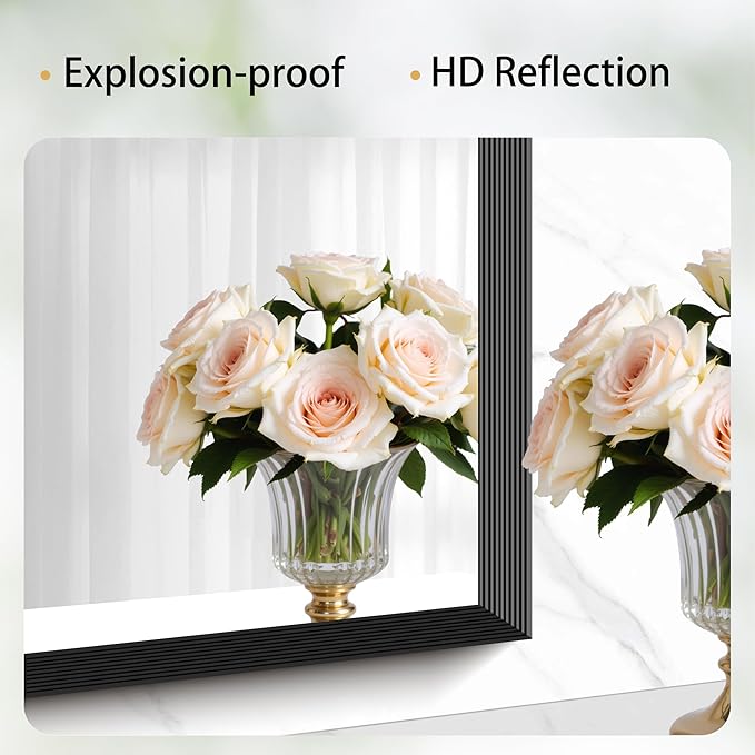 Black Bathroom Mirror 36 x 36 Inch Rectangle Wave Beveled Frame for Wall Bathroom Vanity Mirror for Over Sink, Tempered Glass,for Entryway Hangs, Bathroom Living Room Horizontal or Vertical